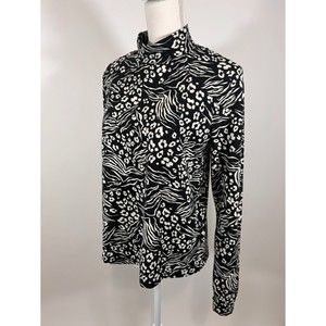 Anthropologie black white animal print mock neck long sleeve top size Large